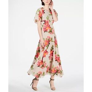 Floral Midi Dress with Flutter Sleeves - Pink Floral on Cream
